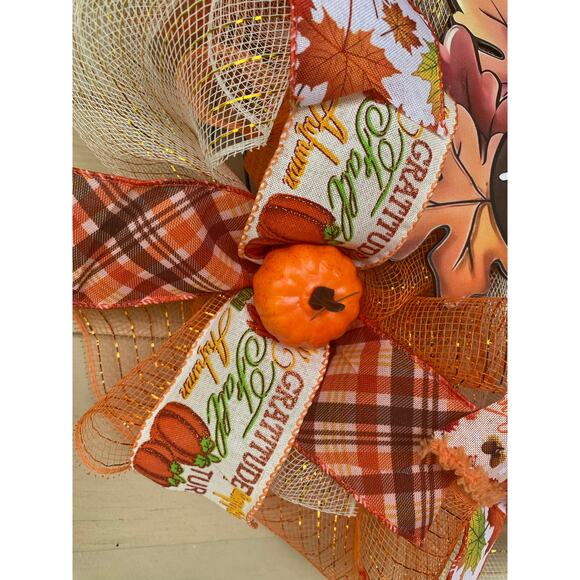 Give Thanks Thanksgiving Turkey Wreath – Fall Harvest Front Door Decor - Picture 2 of 7